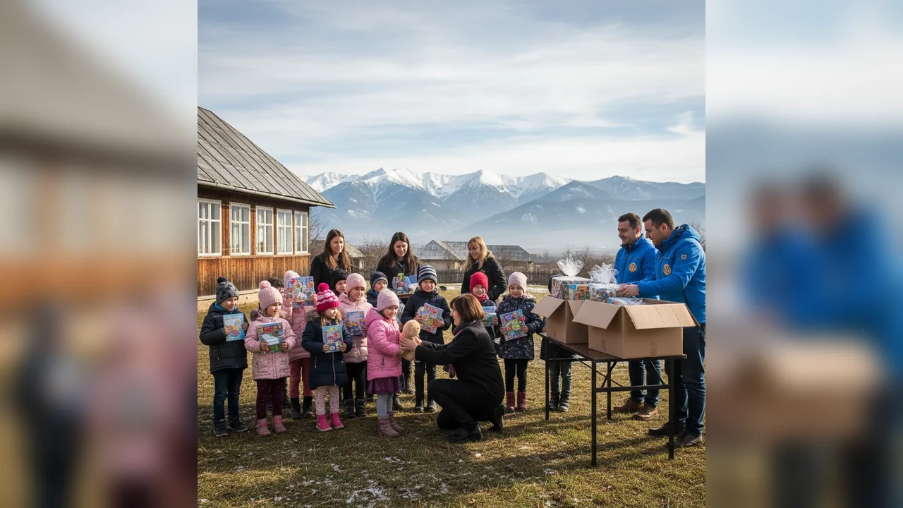 Acțiune caritabilă la Vârfuri: Rotary Club Târgoviște a dus daruri copiilor din comuna dâmbovițeană
