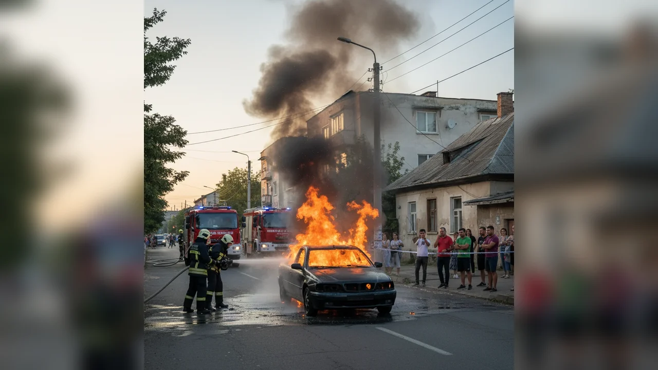 Autoturism cuprins de flăcări pe strada Arsenalului din Târgoviște, fără victime