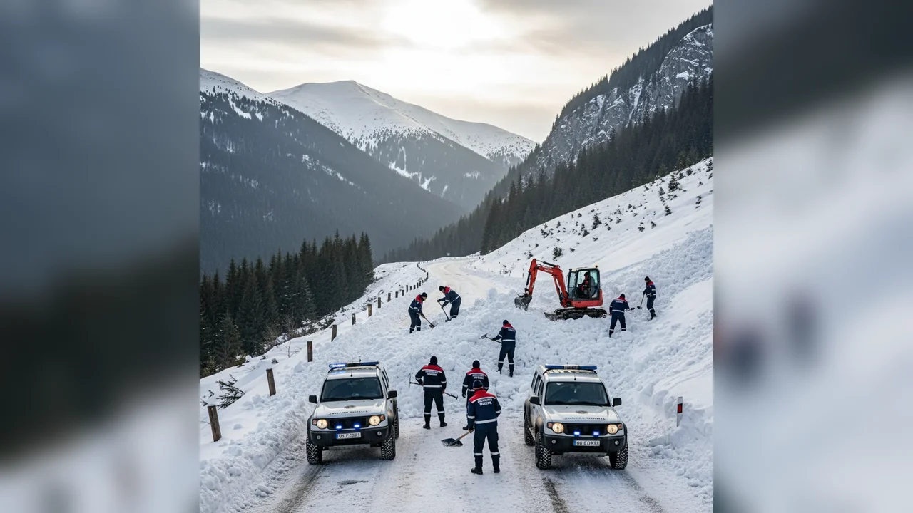 Jandarmii montani din Dâmbovița au eliberat drumul DJ 713 după o avalanșă produsă în Munții Bucegi