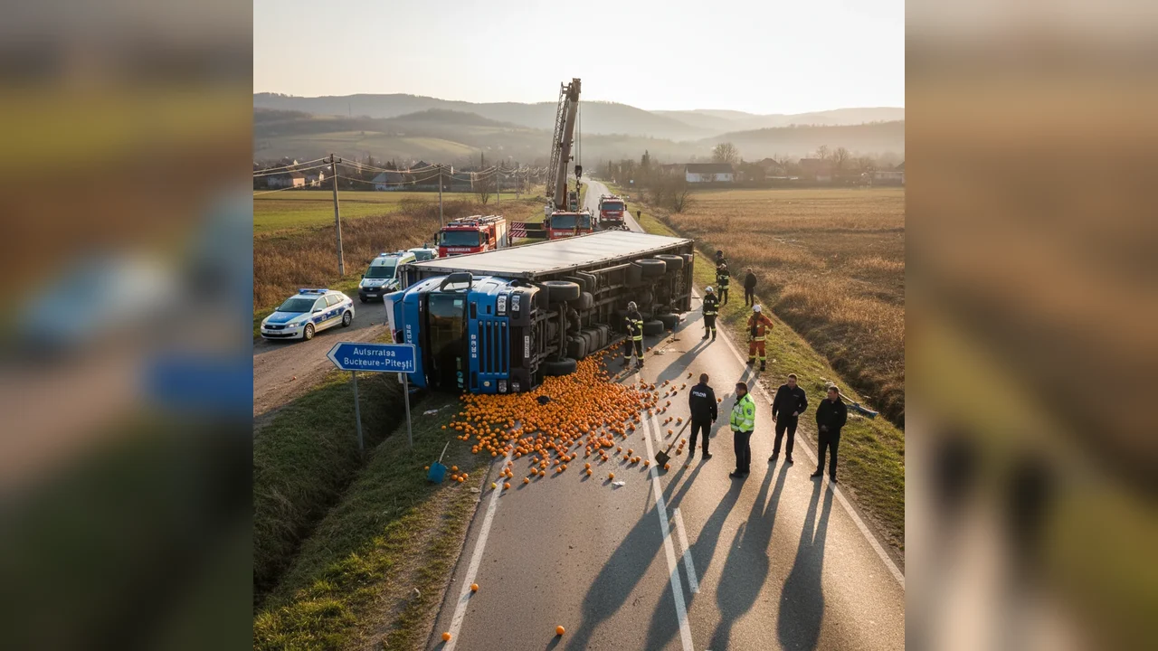 TIR cu mandarine răsturnat la Găești, pe drumul spre Autostrada București–Pitești, incident raportat la Târgoviște