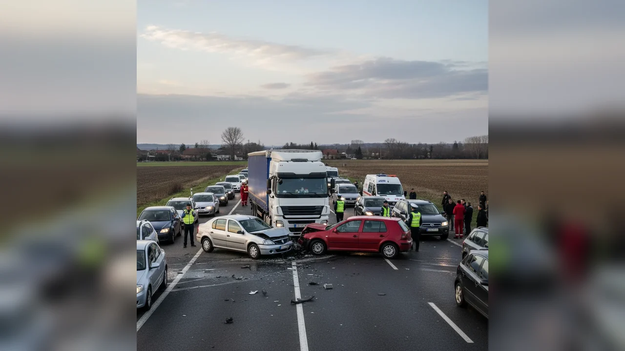 Trafic oprit temporar pe DN 72 la Târgoviște după un accident cu două autoturisme și un autocamion
