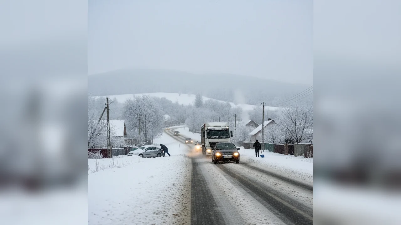 Trafic rutier în condiții de iarnă la Târgoviște și în județul Dâmbovița, cu vizibilitate redusă